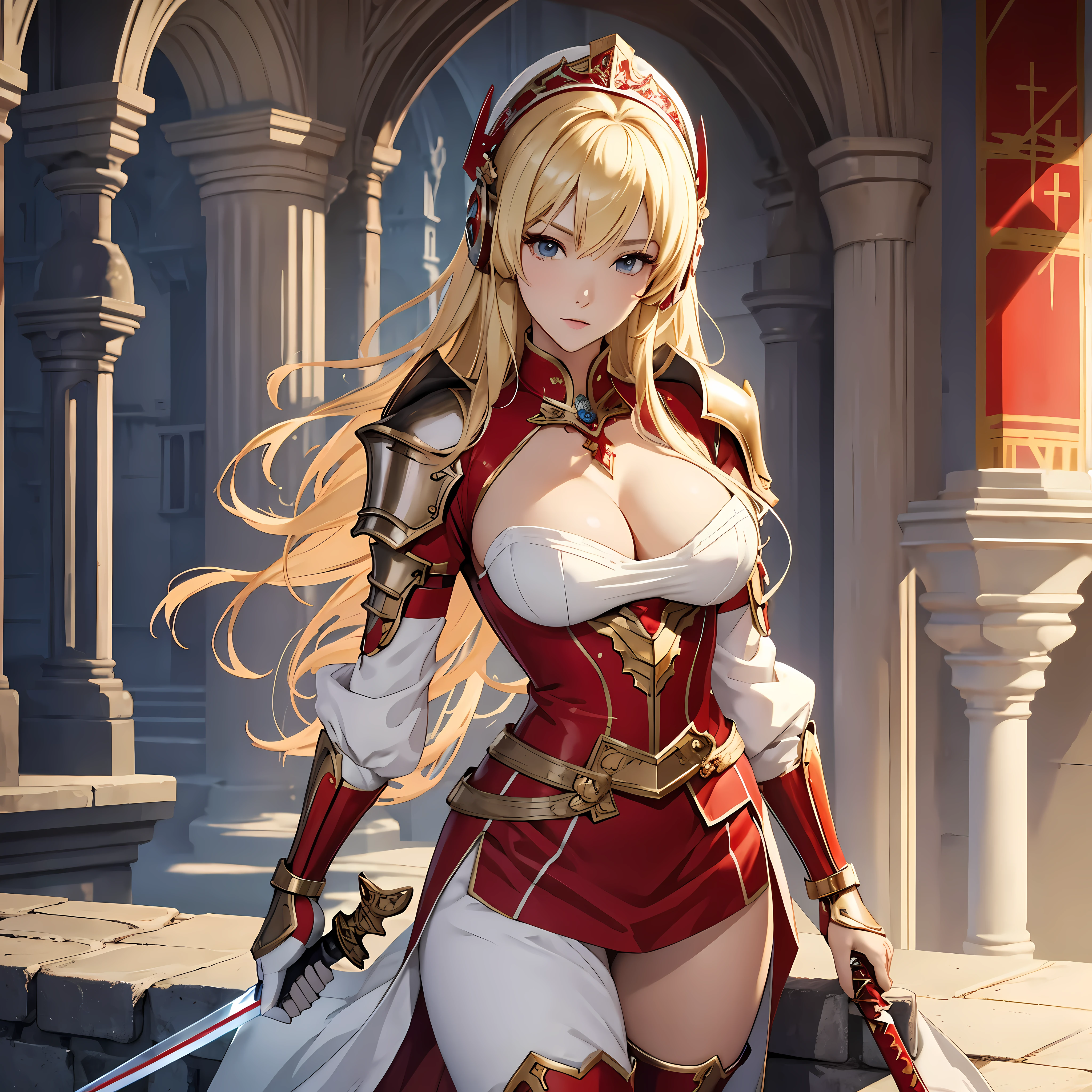 Masterpiece, best quality, White headphone, blonde, Korean woman, tall, slender, Female Knight, red gauntlet, red boots, Sword, beautiful face, beautiful hand, anime pastel, cleavage, Castle