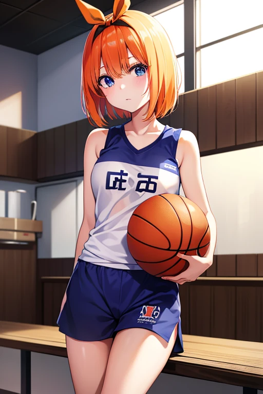 yotsubanakano, Yotsuba Nakano, Bangs, Short hair, Blue eyes, hair between eye, hair bow ribbon, shairband, Orange hair, 白bow ribbon,
Shirt, Bow, bow ribbon, wear basketball team tanktop , basketball shortpants, basketball, basketball court, Indoor, wear black sports tights, basketball, shoes,BREAK hitting the dribble is (masutepiece:1.2), Best Quality, High resolution, Unity 8k壁纸, (Illustration:0.8), (Beautiful detailed eyes:1.6), extra detailed face, Perfect Lighting, extremely details CG, (Perfect hands, Perfect ???????),
