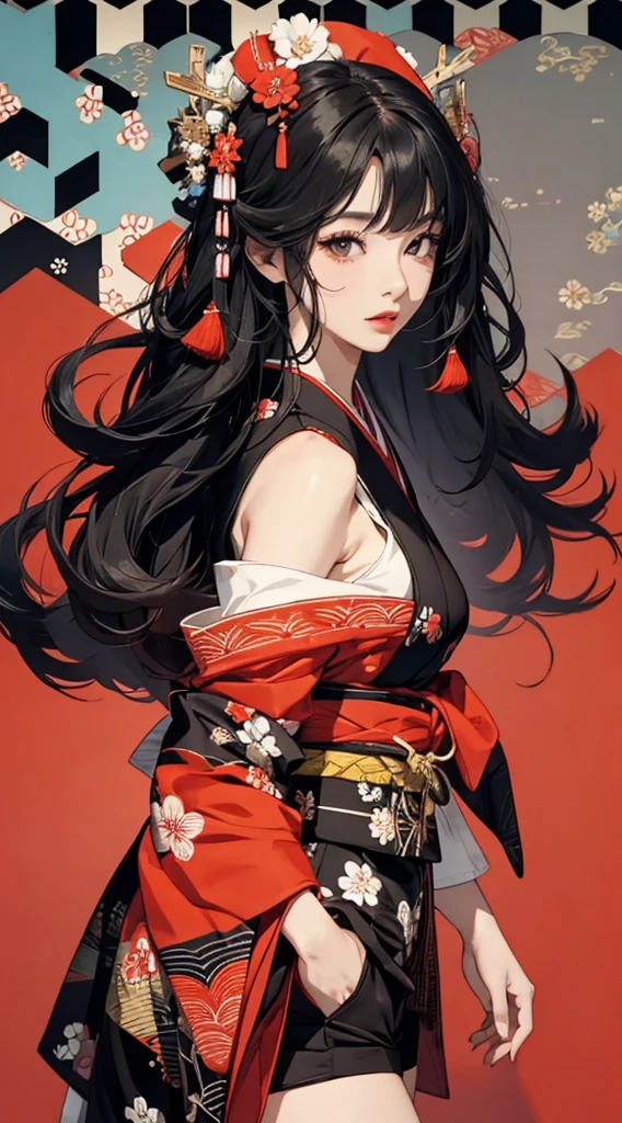 1girl,a beautiful fashion model ,(masterpiece, detailed background, best quality),long and shiny hair, black hair,smirk,juicy lips,red lips, lingerie, stripping, elegant makeup, exhibitionism, thot, slutty makeup, PersonukikoAmagi, katana, open kimono