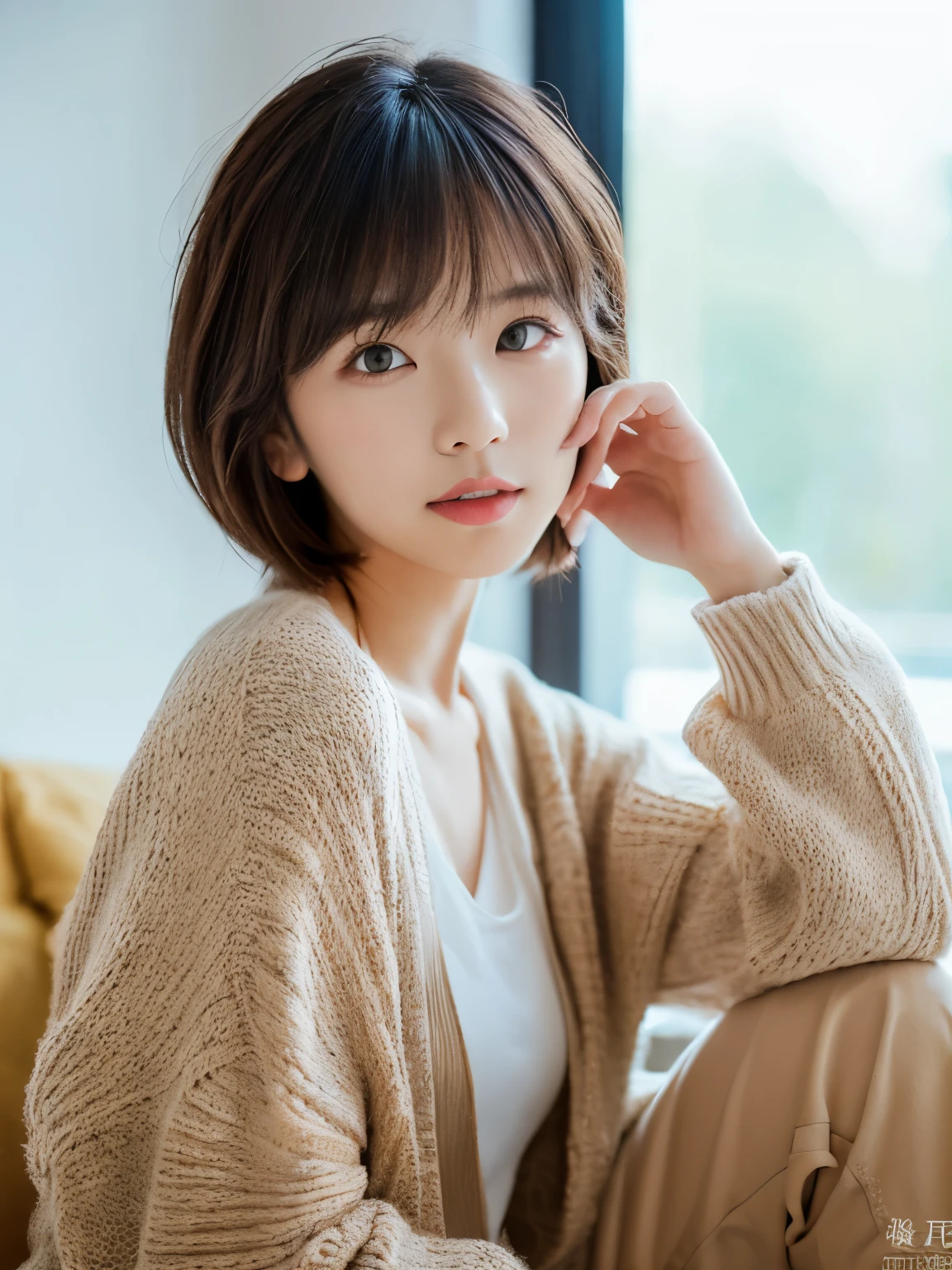 ((masutepiece,top-quality)), (photographrealistic:1.4),((masutepiece,8K)),hight resolution,Studio Soft Light, Rim Lights, vibrant detail, realistic skin textures,Japanese, 1 beautiful woman, Short hair, Wave hair, faint thin bangs, make - up, 38 years, Detailed skin, cardigan, wide-leg pants, White background, White Room,white walls, fully body photo, Looking at Viewer