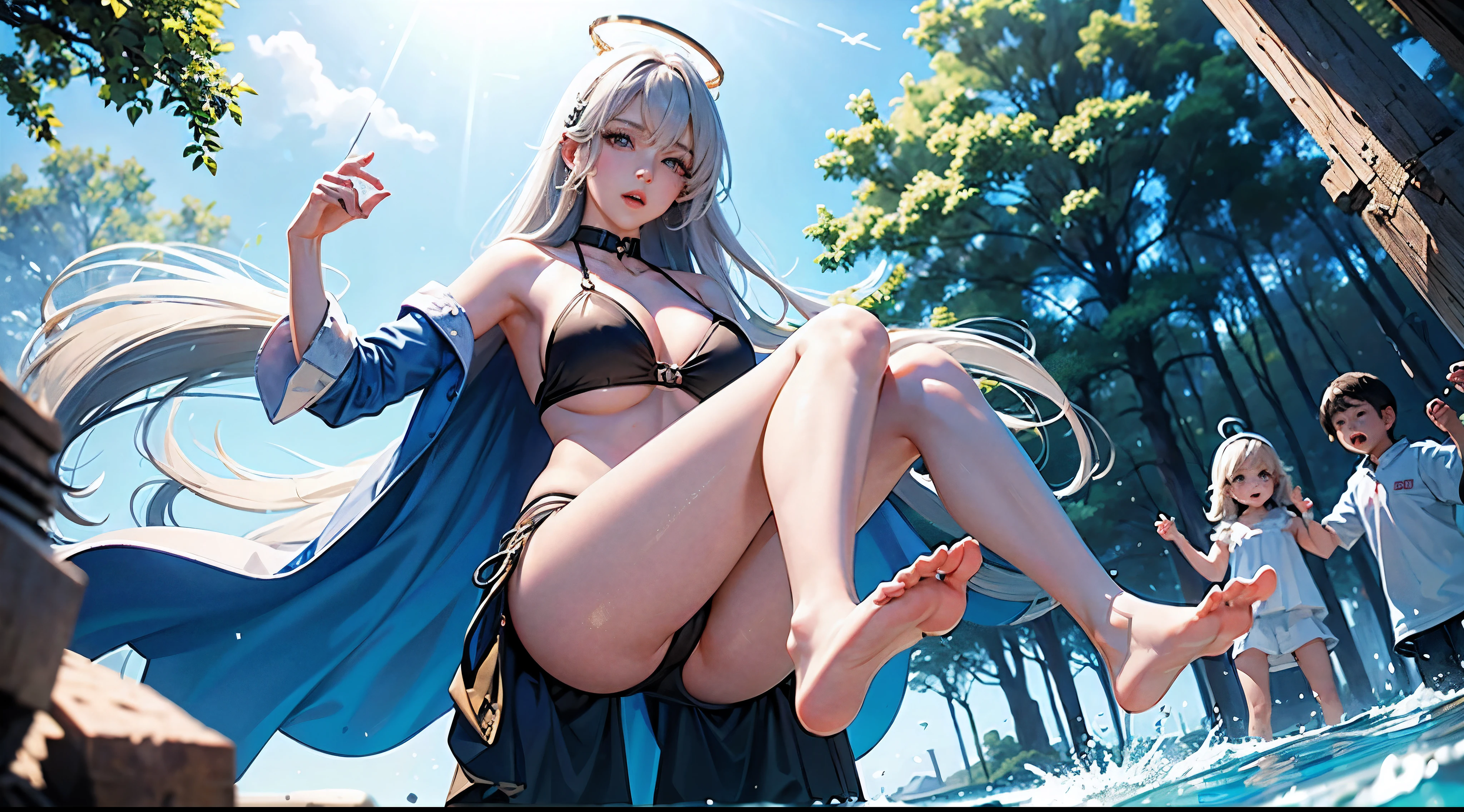 Best quality,ultra - detailed,超高分辨率,navel,比基尼,hand on her own chest,The halo,Full body lesbian,Big blue eyes,Raised sexy,8K,,Bess,On the beach,lace panty hose,with her mouth open,Open your legs,可爱的Bigchest鼻子,可爱的Bigchest,The mouth is relatively large,The legs are relatively long,Bigchest,The eyes are relatively large,Long gray hair,The eyeballs are relatively large,sparkle in eyes,Naked foot,The nose is relatively large,white color hair,no shoe,Pretty big breasts,比基尼,at a forest,legs long,可爱的Bigchest脸,Vaginal thrust by,Fixed in a running position by a ,A little boyng,把时间停止定住了可爱的Bigchest少女,multiple girls,collars