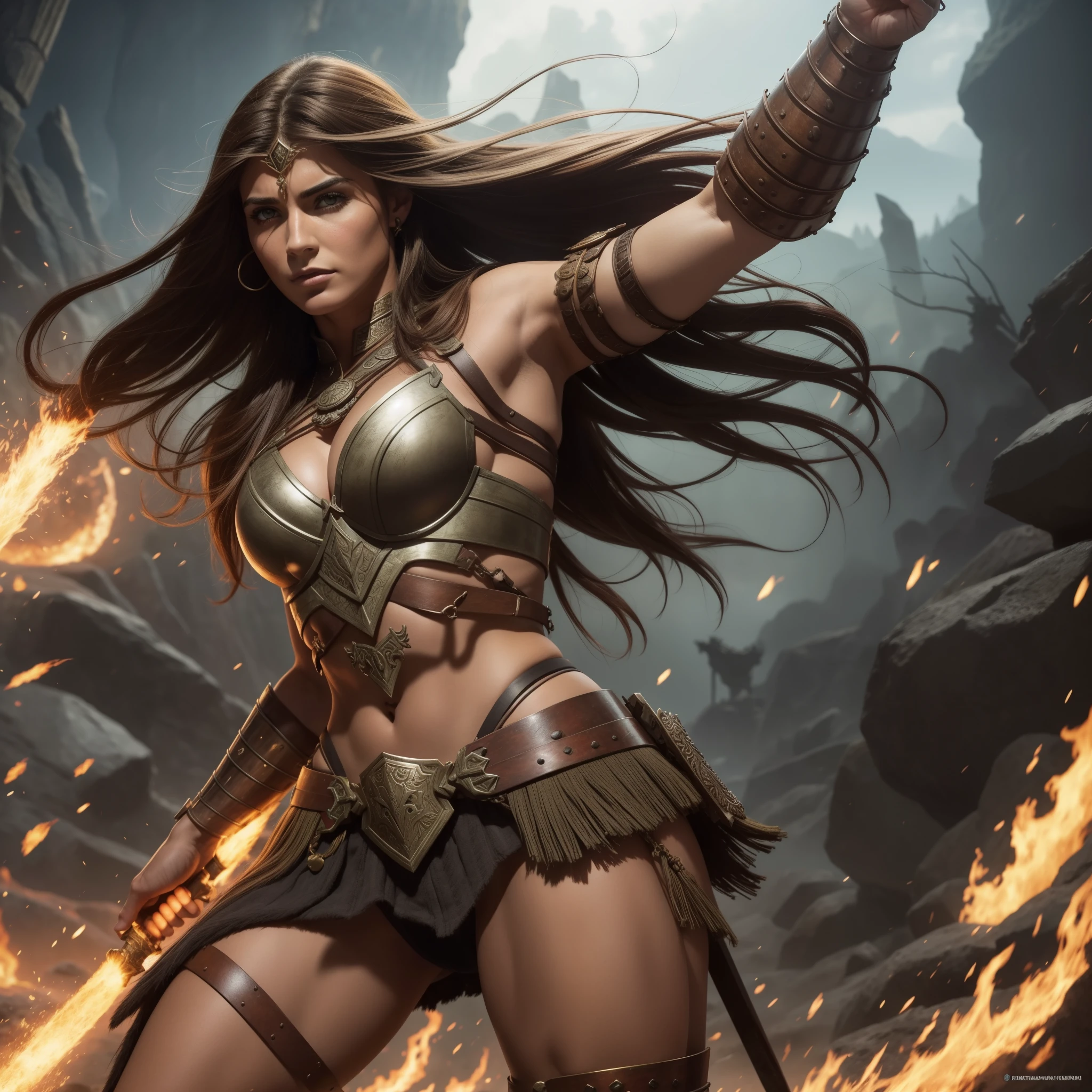 Draw a barbarian woman, Armor of the Barbarian Tribes, heroic pose, em plena altura, pernas bombeadas, cara bonita, Hyperrealism of wide cheekbones, corpo musculoso, Relief muscles, prensa inflada, Fantasy Illustration, Cores claras brilhantes, ultradetalhe, Super contraste, Estudo de alta qualidade de cada detalhe, paleta de cores silenciada, Tons naturais empoeirados colocar uma armadura igual ao do homem de fero