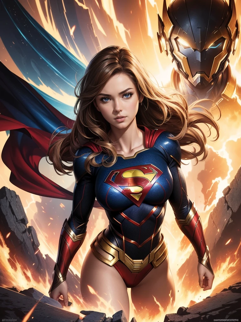 (Best Quality, masterpiece, ultra-detailer, 32K resolution, extremely detailed), Digital Painting, Abstract expressionist painting "Hyperion", character concept art portrait, Supergirl, Swayback stance, Seductive pose, gigantic breasts, catastrophe,