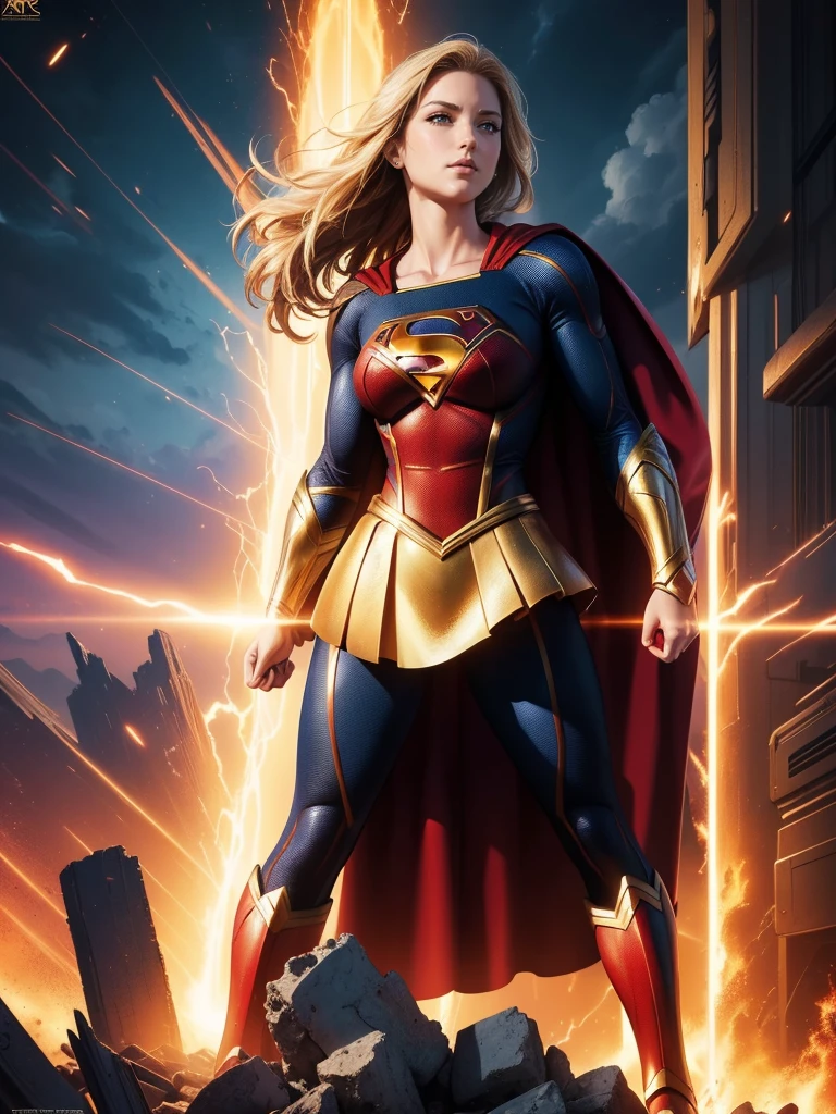 (Best Quality, masterpiece, ultra-detailer, 32K resolution, extremely detailed), Digital Painting, Abstract expressionist painting "Hyperion", character concept art portrait, Supergirl, Swayback stance, Seductive pose, gigantic breasts, catastrophe,