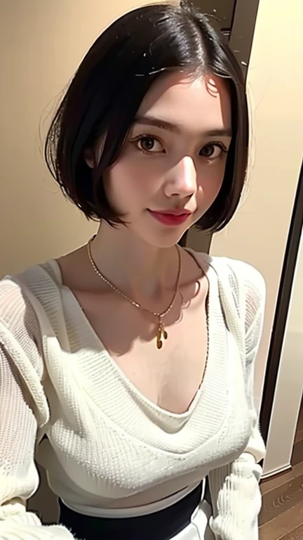 (Best Quality, 8K, 32K, masutepiece, nffsw:1.2),Photo of Pretty Japanese woman, Large breasts, Very short bob hair,Upper body,Face Focus,Oversized_Sweaters, Necklace, Background, From above, Looking at Viewer,