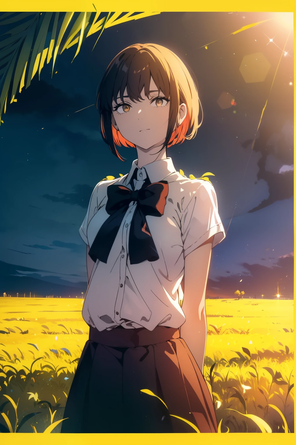 ((((Obra maestra, La mejor calidad, ultrahigh resolution)))), beautiful girl, standing, (((wearing blue school uniform)), (very short hair in view, in frame), pale skin, ((brown eyes)), (ultra detailed eyes:0.7, beautiful and detailed face, detailed eyes:0.9), ((centered)), smile, ((wide shot)), facing viewer, (((vibrant background of outdoors, field of grass, bright lighting, summer, sunlight))), flat chested, looking at viewer, ((perfect hands)), ((head:1, hips, elbows, arms, in view)), ((hands behind back)), beautiful lighting, defined subject, (18 years old), ((cool looking)), ((sunny glare))