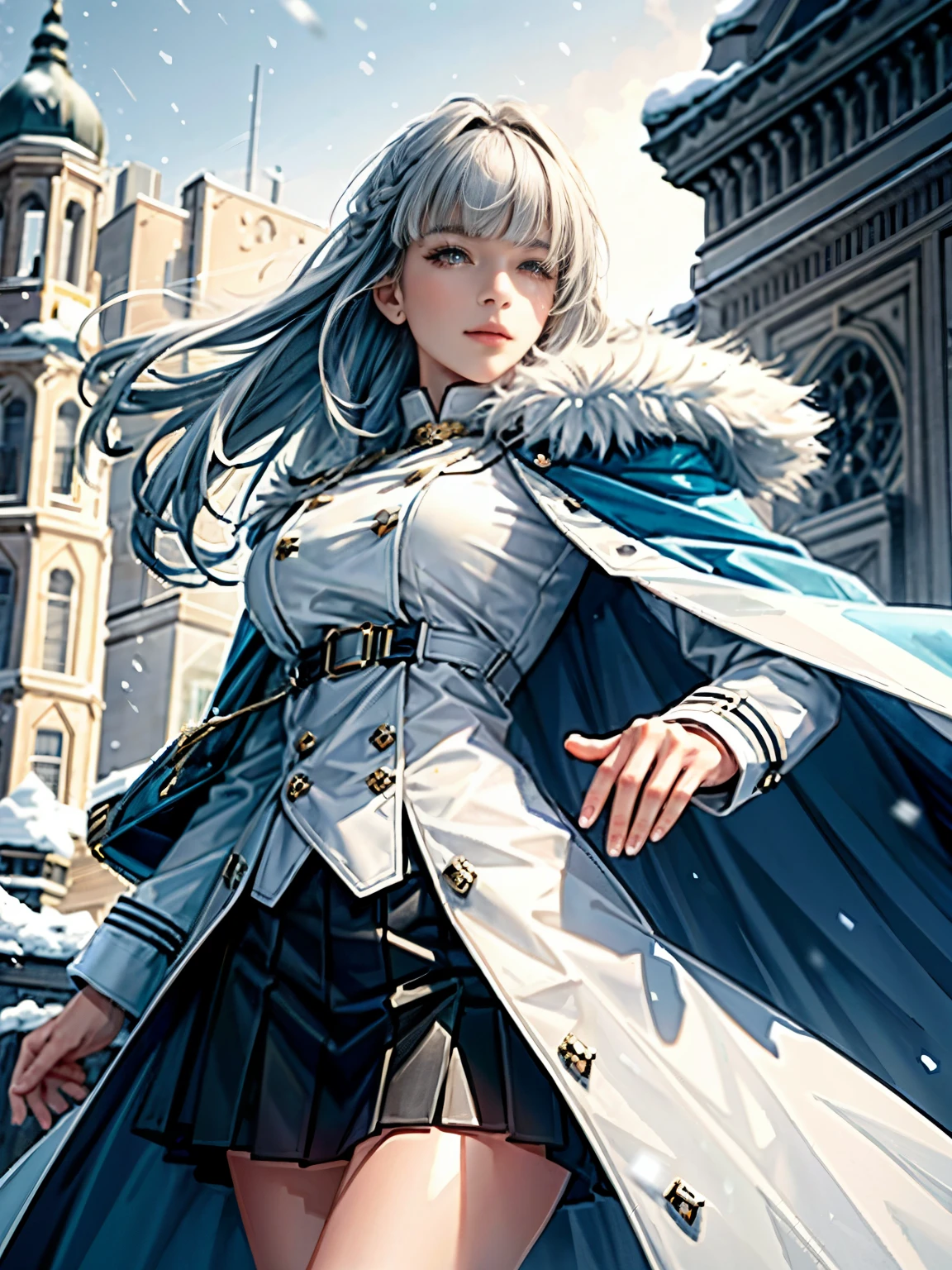 (highest resolution, distinct_image) Best quality, single person, one girl, solo, masterpiece, highly detailed, realistic, long hair, braided white blond hair, (blue military uniform underneath coat), depth of field, outdoor background, (falling snow), ((big breasts)), authoritative, dignified, calm and powerful expression, ambient lighting, exquisite facial features, fur trimmed white coat, open coat, short skirt, looking at viewer, head to waist, in a terrace of a monumental building, (((front bangs))), dynamic angle, striking a pose, light smile