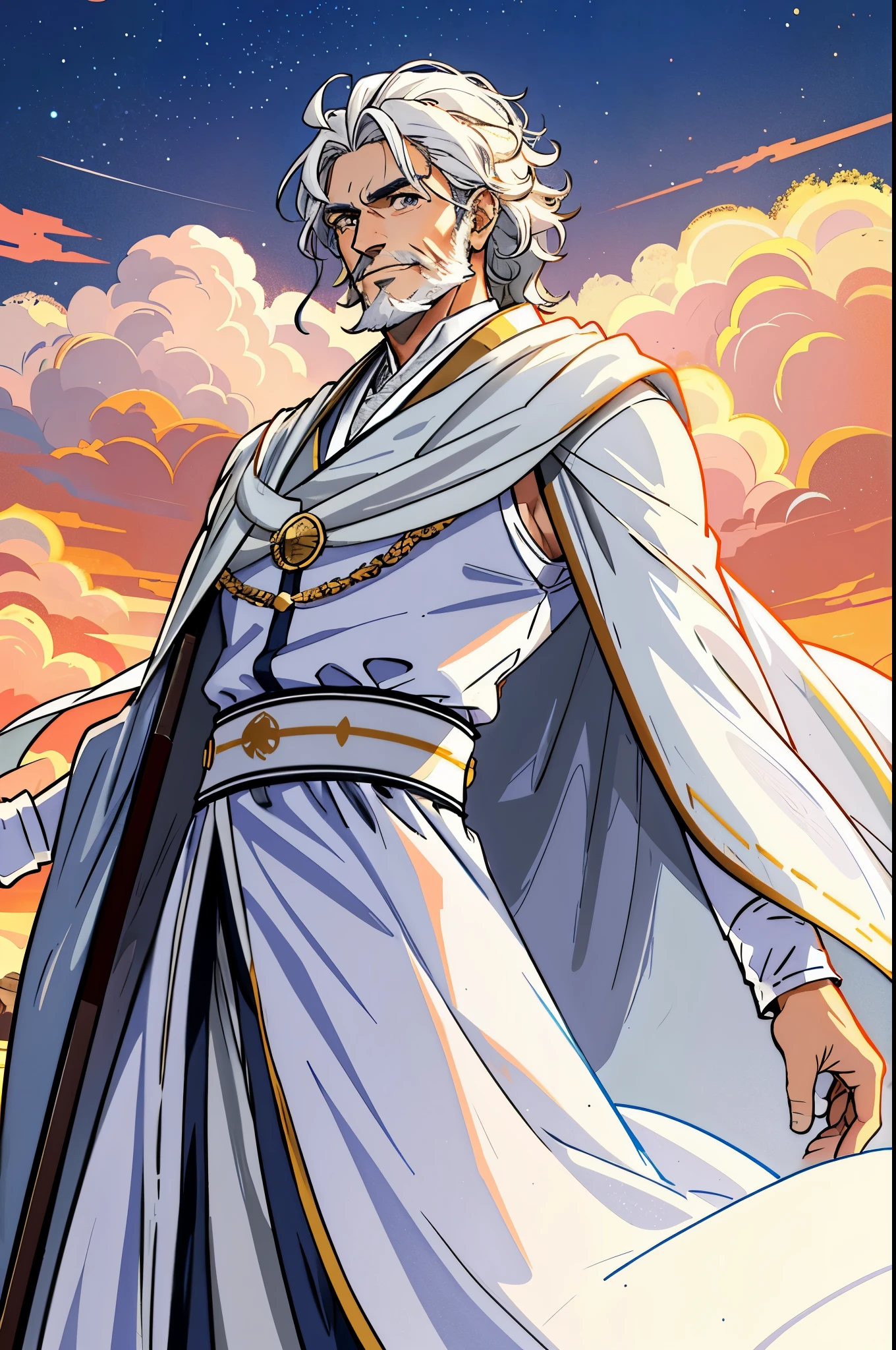 (Masterpiece: 1.4), (Best Quality: 1.4), (Iskandate\):1.2), Ancient Assyrian City, Solo, Male Focus, 1Boy, Iskandar, old Man, 50 years old, Slender but Broad Shouldered, Smile, Beard gray and white, ((bear gray and whiong white and gray wavy hair, ((white hair)) looking at viewer, amber eyes, light blue and white ancient roman robe, roman robe, sky, night, anime style, Type-Moon style