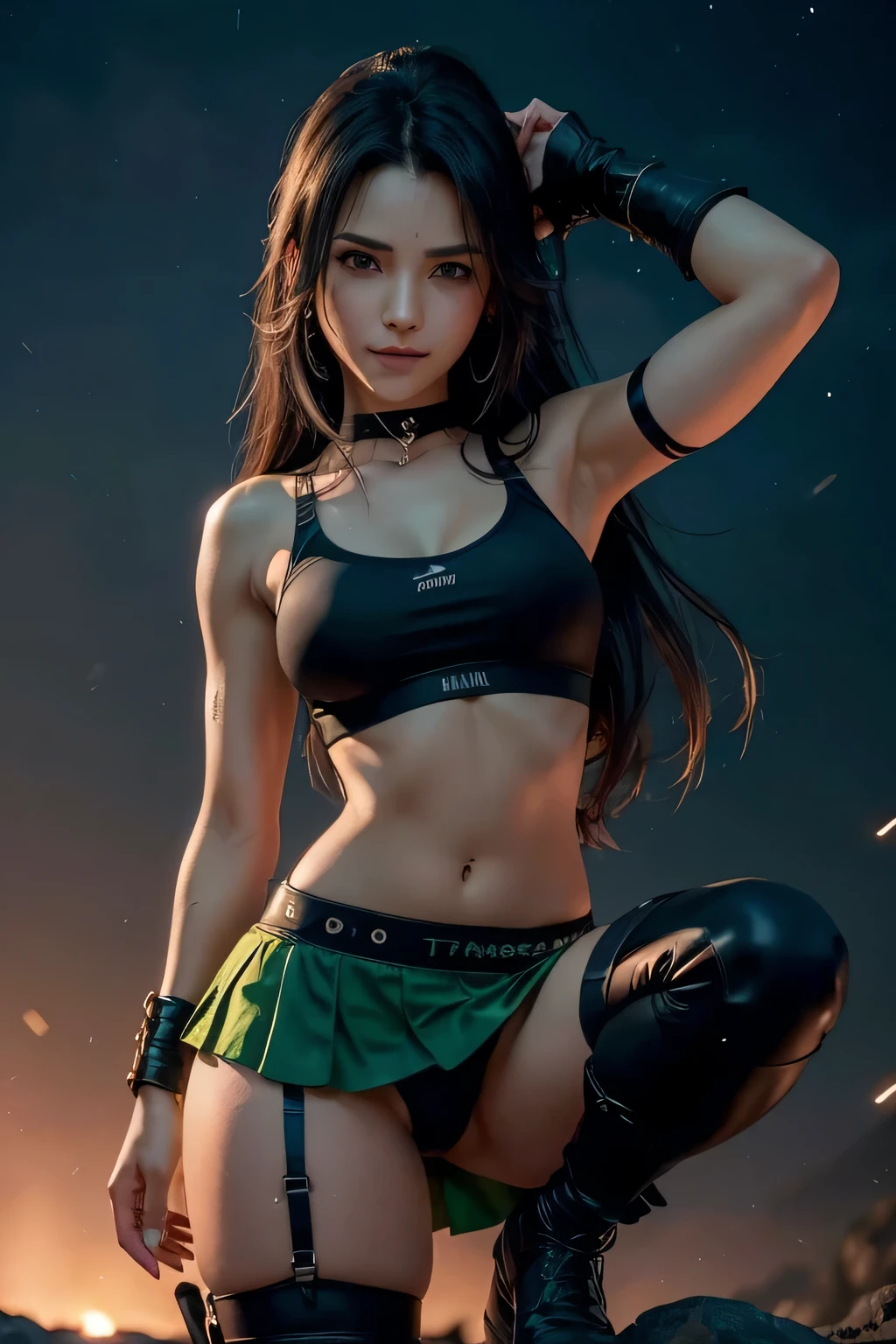 (8k、extremely high quality、tmasterpiece:1.2)、(Realistic、fotorrealista:1.essoas 7)、super detalhado、uma , 1 Mulher jovem , (pele lisa:1.2)、Giro、solo, (tifa lockheart)、(seios grandes), (((Mostrar bem)))、(((bra black)))、(Olhos bonitos)、(sorriso sorridente:1.2)、(encapuzado)、(erotic posing:1.3), (Saia preta:1.2), underwear, Dance、Neons、Paisagens de rua、e profundidade de campo、Dark shadows and sharp forteoco、motion blur、compositing、Luz verde brilhante、Final Fantasy VII、instrumento、(blush)、single elbow pad、Botins、cabelo preto escuro、coxa preta、Botas vermelhas、luvas de cotovelo、Cotoveleiras、luvas parcialmente sem dedos、camisa apertada、sports bra、black skirt、coxas、Tampo Branco、Por todo o corpo、headpe、s lipacial、Long hair with short Thai、(olhos verdes:1.2), (night time:1.3)、Complexo、Bokeh、Cinematic lighting、photon maping、radiosidade、rendering physically based 、NSFW、
