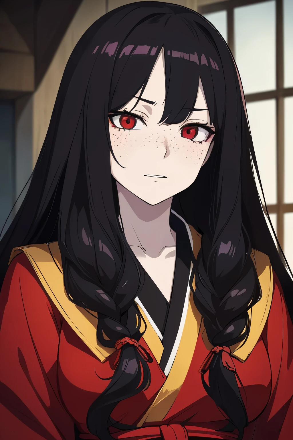 beautifully drawn, high resolution illustration, best quality, High definition, ((detailed anime sketch)), Masterpiece, (solo), absurdres, portrait, ((upper body)), ((portrait)), detailed background, fine detail, HDR, black hair, long hair, curly hair, hair over one eye,(((pale skin))), red eyes, freckles, samurai armor, cape, evil expression, black kimono
