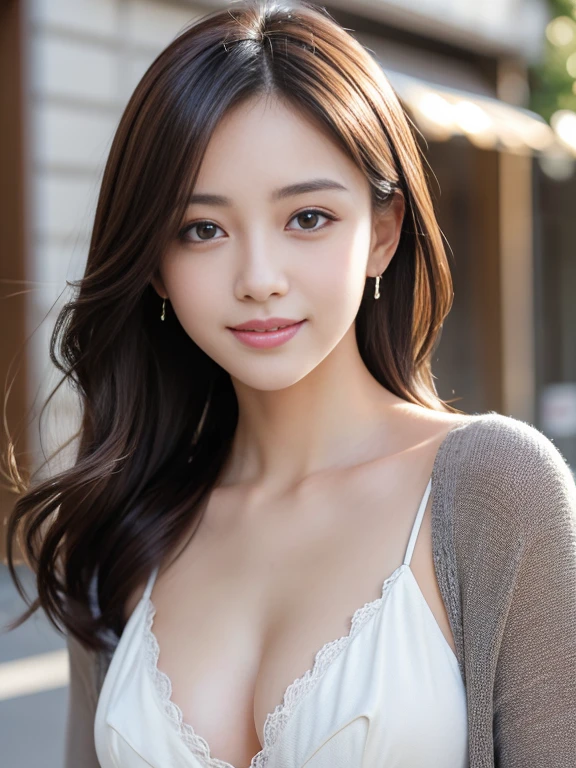 masutepiece, Best Quality, Illustration, Ultra-detailed, finely detail, hight resolution, 8K Wallpaper, Perfect dynamic composition, Beautiful detailed eyes, doress,Medium Hair, Natural Color Lip, Random and sexy poses,Smile,Aoyama Street Walk、A 24-year-old girl