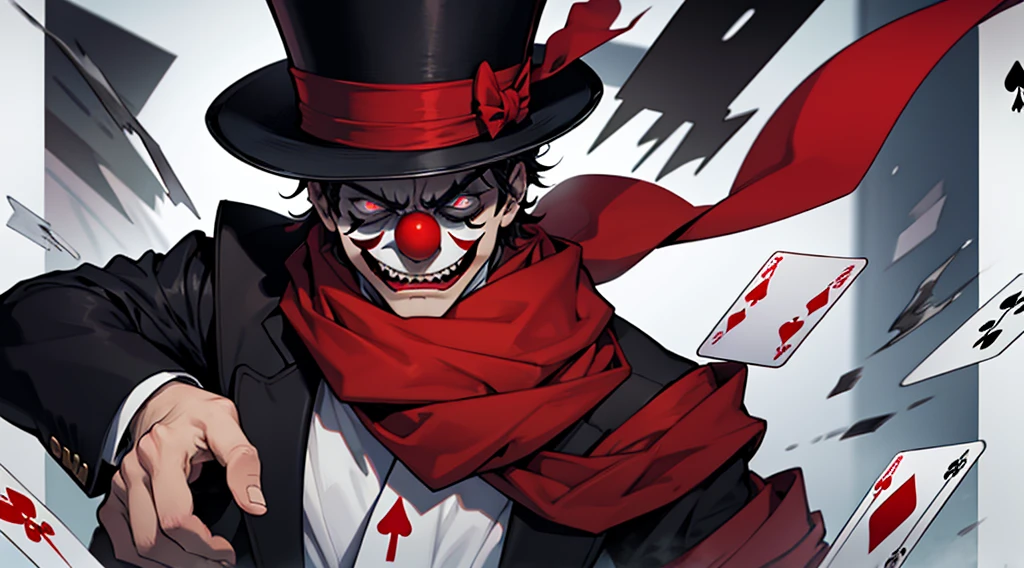 Man in top hat and clown mask and red scarf very angry looking at the spectator and with thunder eyes holding playing cards and background full of flying thunder clowns