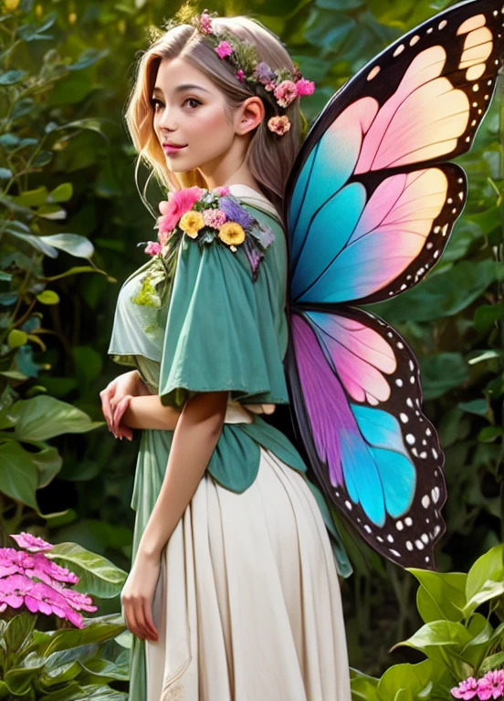 Fairy with large colored wings on her back in the Garden of Eden ! She is surrounded by bright colored birds and beautiful flowers. !