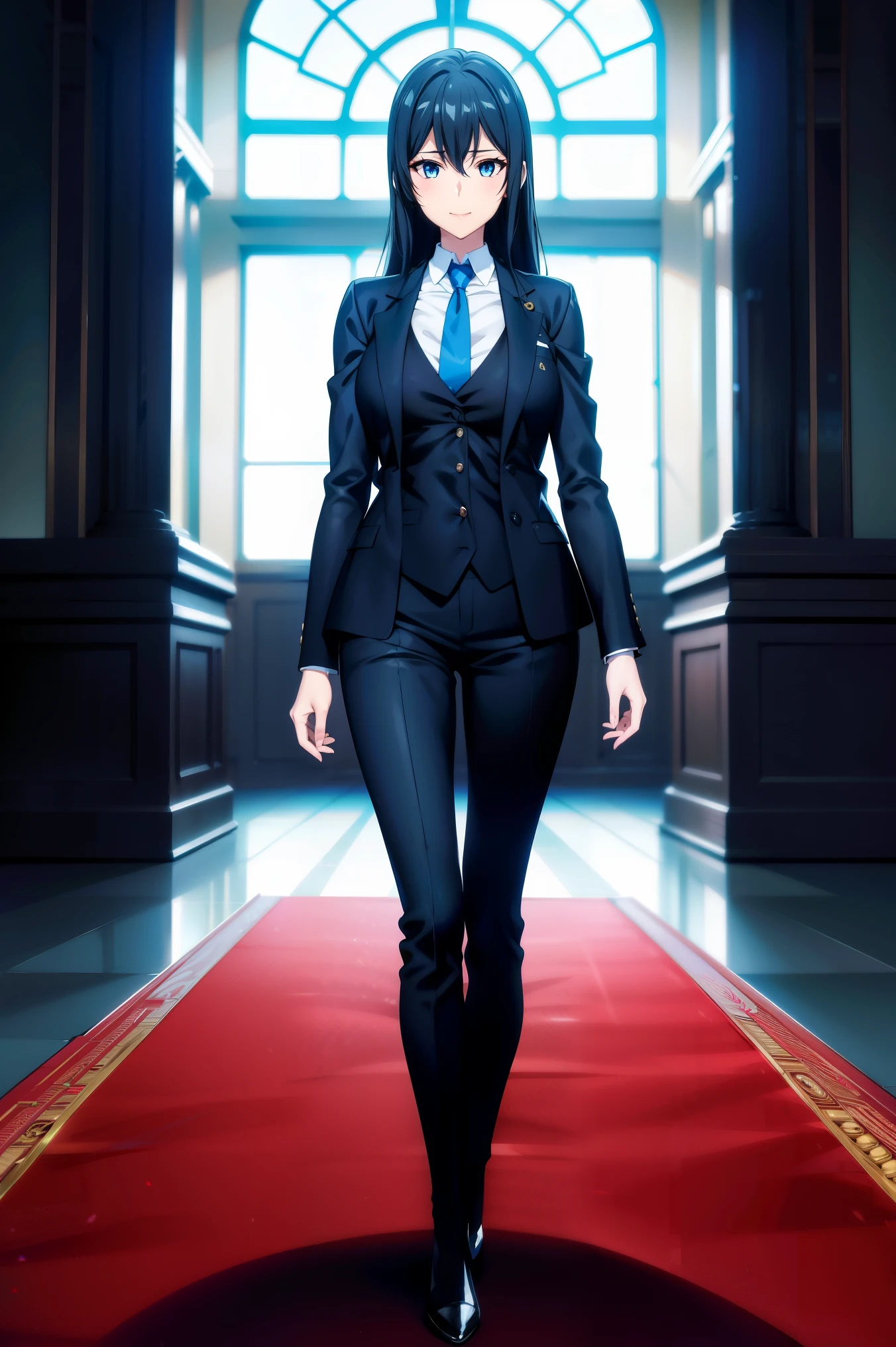 Yukinoshita yukino ,woman in formal attractive tailcoat standing in a large alcove in the room , 1girl, solo, blue necktie, black hair, blue eyes, long hair, smile , collared shirt, white pants, white shirt , tailored tailcoat elegant , standing in front of a window ,tailcoat tailored to perfection crafted from the lustrous fabric, anime moe artstyle, smooth anime cg art, official character art, beautiful anime, fanart, , official art, anime visual of a cute girl, attractive anime girl, high detailed official artwork, visual novel key visual, painted in anime painter studio