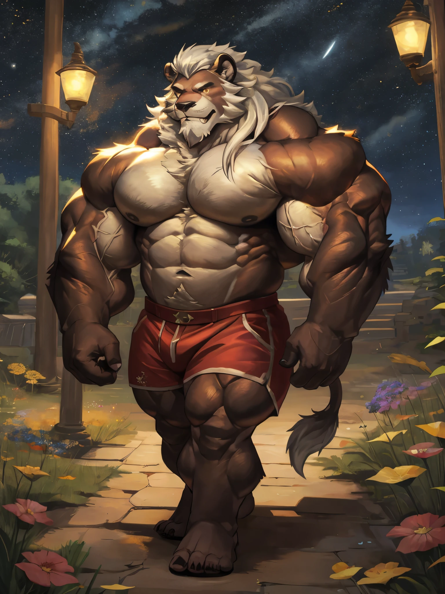 a huge muscular furry lion walking in fantasy word, spelling magic, magic sign, open fields, night, star in sky, glowing eyes, glowing plants, huge shoulder muscle , shirtless, muscle, strong man, huge muscle, short hair, bearded, white hair and beard, wrinkles skinned, strong muscle, strong and intimidated, masterpiece, muscular, commission for high res, male, fantasy art, very very beautiful art, art painting , painting art