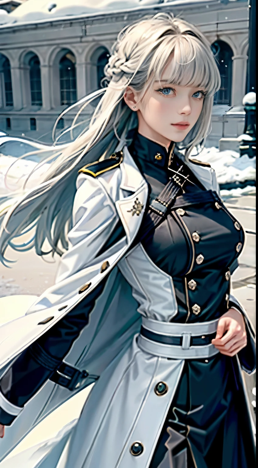 (highest resolution, distinct_image) Best quality, single person, one girl, solo, masterpiece, highly detailed, realistic, long hair, braided white blond hair, (blue military uniform underneath the coat), depth of field, outdoor background, (falling snow), ((big breasts)), authoritative, dignified, calm and powerful expression, ambient lighting, exquisite facial features, (fur trimmed white coat), open coat, skirt, looking at viewer, head to waist, in a terrace of a monumental building, (((front bangs))), dynamic angle, striking a pose, light smile