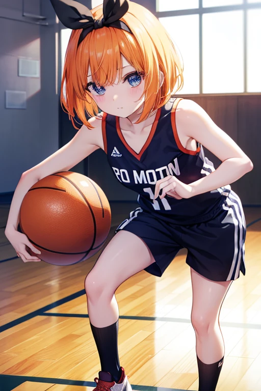 yotsubanakano, Yotsuba Nakano, Bangs, Short hair, Blue eyes, hair between eye, hair bow ribbon, shairband, Orange hair, 白bow ribbon,
Shirt, Bow, bow ribbon, wear basketball team tanktop , basketball shortpants, basketball, basketball court, Indoor, wear black sports tights, basketball, shoes,hitting the ball towards the floor,basketballットコート,Gymnasium BREAK (masutepiece:1.2), Best Quality, High resolution, Unity 8k壁纸, (Illustration:0.8), (Beautiful detailed eyes:1.6), extra detailed face, Perfect Lighting, extremely details CG, (Perfect hands, Perfect Anatomy),