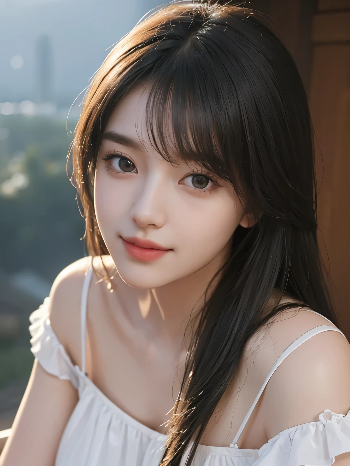 Masterpiece, highest quality, beautiful, Japanese, popular Korean makeup, fine and detailed eyes, fine skin, beautiful skin, super high resolution, (reality 1.4), very beautiful, slightly young face, beautiful skin, slender, (ultra real) , (Illustration), (High resolution), (8K), (Very detailed) (Best illustration), (Beautiful and detailed eyes), (Super detailed), (Wallpaper), (Detailed face), Viewer perspective, Details, details Face, pureerosfaceace_v1, smile, direct view, direct view, angle from the waist up, realistic photo, bright lighting, professional lighting, black hair (some green), long hair, dark ruins, big red moon, (gorgeous white dress), woman, stylish long bangs,