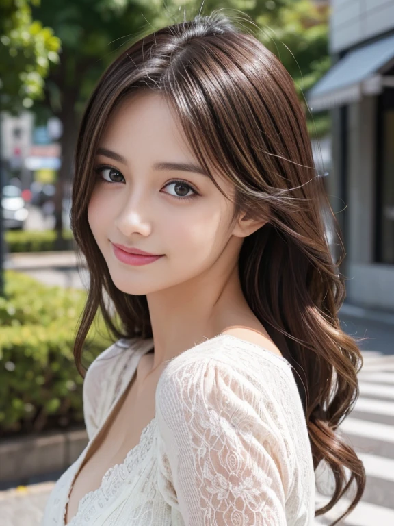 masutepiece, Best Quality, Illustration, Ultra-detailed, finely detail, hight resolution, 8K Wallpaper, Perfect dynamic composition, Beautiful detailed eyes, doress,Medium Hair, Natural Color Lip, Random and sexy poses,Smile,Aoyama Street Walk、A 24-year-old girl
