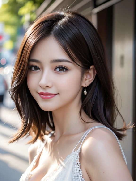 masutepiece, Best Quality, Illustration, Ultra-detailed, finely detail, hight resolution, 8K Wallpaper, Perfect dynamic composition, Beautiful detailed eyes, doress,Medium Hair, Natural Color Lip, Random and sexy poses,Smile,Aoyama Street Walk、A 24-year-old girl