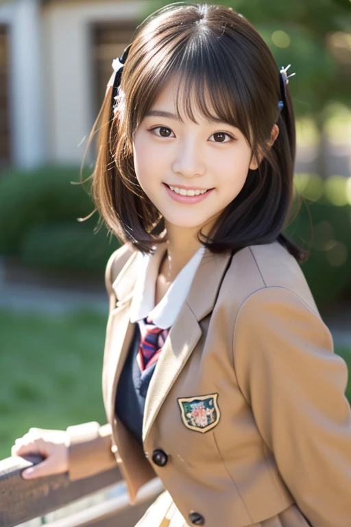 (((masterpiece))), (One beautiful Japan girl, classmates, Innocence,kawaii) ,超A high resolution, Realistic, ultra-detailliert, 8K,top-quality, Extremely detailed, Detailed background,A slender,very beautiful japanese girl, Detailed face:1.3), (Boyish short-haired,A dark-haired :1.4), (a baby face,kawaii系,adorable 14 year old girl), (Perfect body:1.1), (Brown blazer, Light brown pleated mini skirt), Provocative smile,Please show me your beautiful teeth,Super Detailed Face、Detailed lips、A detailed eye、small gravure idol,Transparent skin、Lori,Japanese high school uniform with the school emblem on the chest,Carrying a backpack、Leaning forward,sexy pose,Focus on the buttocks,facing back、In the classroom,A glimpse of white lace pants is visible.,Looking down from above