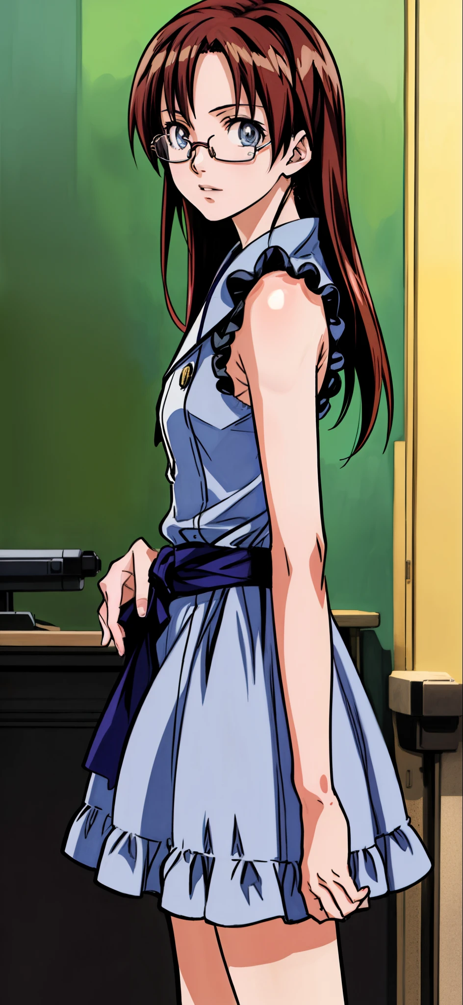 (Best Quality,4K,8K,hight resolution,masutepiece:1.2), Ultra-detailed, (Realistic,photoRealistic,photo-Realistic:1.37), Glasses Girl, unhappy,Black hair,Long hair,Wearing a light blue long dress, pumps,Beautiful detailed eyes, Beautiful detailed lips, extremely detailed eye and face, long eyelashes, Realistic anime 3D style, Smooth Anime CG Art, Digital rendering by Makoto Shinkai, Moe Anime Art Style, photoRealistic rendering of an anime girl, Shinkai Makoto style, Cute anime girl visuals, Realistic young anime girl, girl fan art, Created by Anime Artist&#39;studio of.