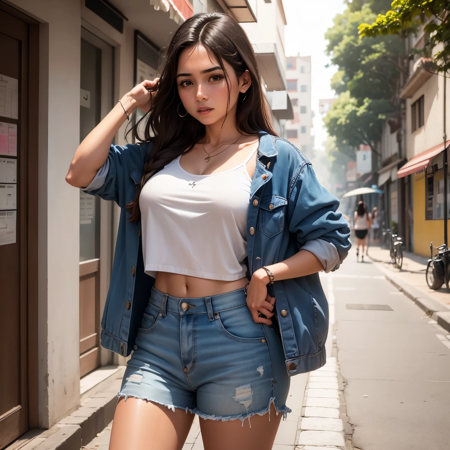 Mujer bella mostrando su ropa interior en la calle sudando debido al calor y ropa mojada