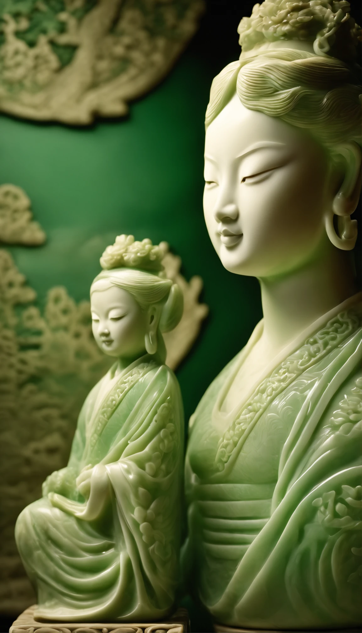 Ancient Chinese carved jade style relief，Celadon texture girl，22 year old Girl smooth shiny porcelain skin，chinaware，Doubleexposure，Side lighting，Three-dimensional feeling