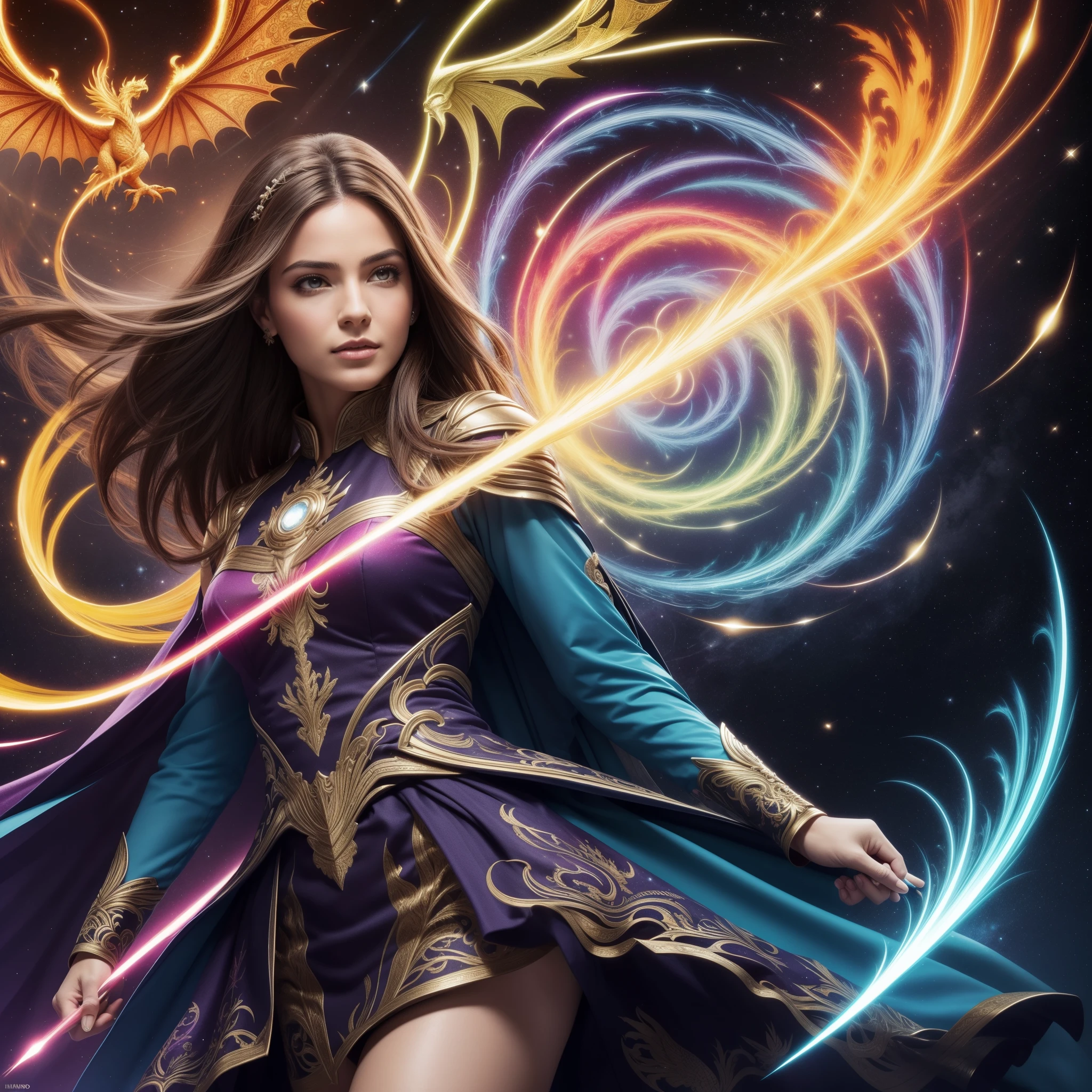 (master part, Qualidade Superior, best quality, Arte Oficial, Beautiful and Aesthetic:1.2), (1girl), olhos extremamente detalhados, (Arte Fractal:1.3), colorido, mais alto detalhado, (rosto perfeito), pele brilhante, HDR, (Linhas douradas do manto branco:1.2), galaxy, (listras leves), visuais marcantes, (dynamic streaks, trilhas luminosas:1.2), cores vibrantes, (phoenix), (Dragoned)