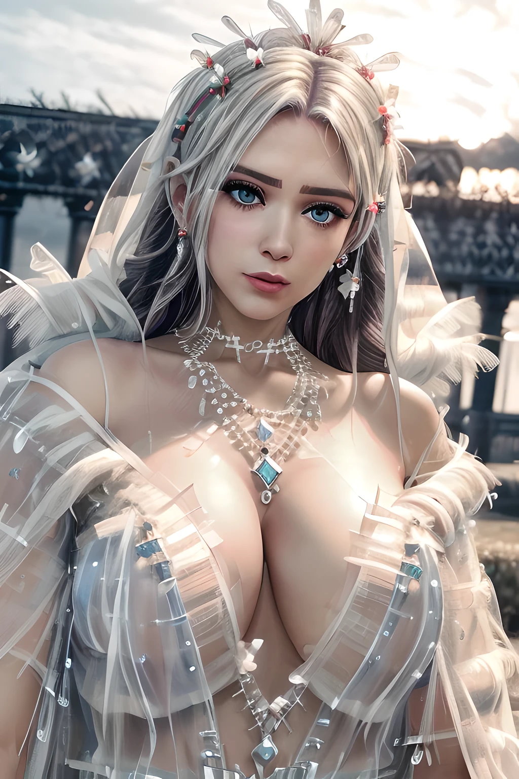 1个Giant Breast Girl,Elise,(bejeweled evening gown:1.3),(Off-white tulle_robe:1.5),Tattooed with,鎖骨,gigantic cleavage breasts,tmasterpiece, Best Picture Quality,of a real, detailed,8K,number art,detailed头发,(of a realistic, photo-of a realistic:1.37),Amazing Cleavage, finely detailled,movie soft light,full bodyesbian,