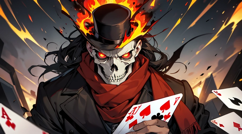 Man in top hat and skull mask on fire and with thunder eyes very angry looking at the spectator and wearing a red scarf holding playing cards and background full of playing cards full of thunder flying