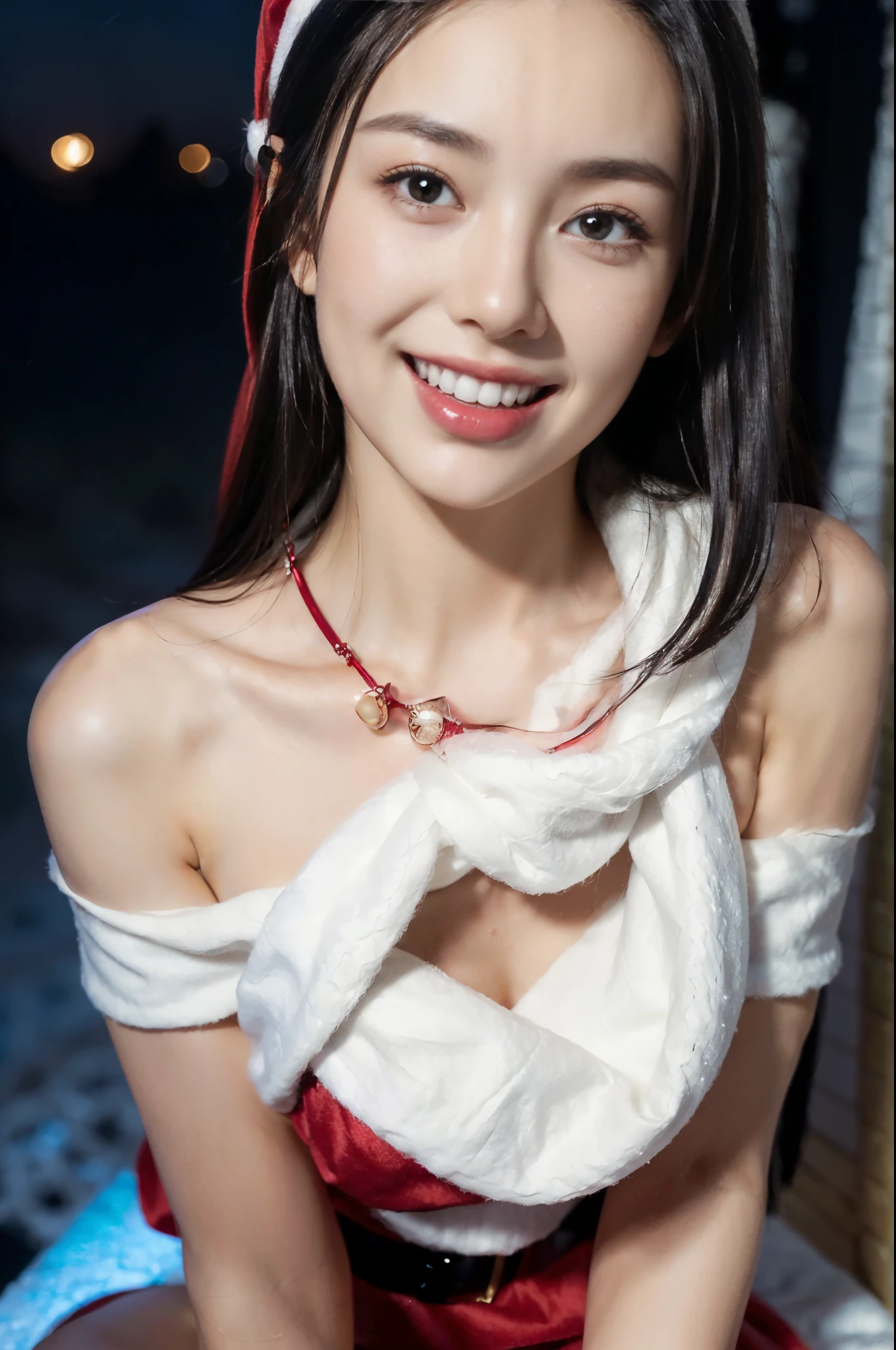 (Close-up: 1.4), (((Look up at the camera from above, look up with only eyes, look up at the camera)) (RAW Photo: 1.2), (Photorealistic: 1.4), (Masterpiece: 1.3), (Best Quality: 1.4), Dreamy, (Detailed Eyes), (Detailed Facial Features), ((Detailed Clothes), (Close-up: 1.4), (Staring at the camera from above, Looking up at the camera, Look up with just eyes, look up at the camera)) (RAW Photos: 1.2), (Photorealistic: 1.4), (Masterpieces: 1.3), (Best Quality: 1.4), Dreamy, (Detailed Eyes), (Detailed Facial Features), (Detailed Clothing Features), Skin Tightness, (Slightly Shiny Skin), (Slender Girls), (Slim Girls), One Girl, (Full Body), (Solo), Cute, ( chest), bangs, bangs, straight hair, shiny beautiful black hair, pale black eyes, crystal pendant, (best quality, 8k, 32k, masterpiece, UHD: 1.2), pictures of women with cute Japan, Solo, girl 1, (big breasts), (tall woman), (abs), (lipouth closed, firm double eyelids, wet skin, Only one very beautiful woman, very beautiful, gaze looking directly at the camera, golden ratio face, golden ratio body, perfect body, perfect face, perfect breasts, big looking directly at the camera, chest close, very beautiful breast, coquettish smile, very happy smile, big eyes, eye highlights, lip gloss, clear double eyelids, eyelashes, long neck, beautiful short hair, shiny dark black hair, bangs, thick bangs, slightly shiny skin, chest moles, Teardrop moles, pretty bangs, clean collarbones, clean snow-white background, sky background, crystal clear overwhelming charm, attractive natural light, 19 years old, choker, skin tightening, (slender girl), (slim girl), one girl, (full body), (solo), cute, (chest), bangs, bangs, straight hair, shiny beautiful black hair, pale black eyes, crystal pendant, ( Top Quality, 8k, 32k, Masterpiece, UHD: 1.2), Cute Japan Woman Pictures, Solo, One Girl, (Big Eyes), (Tall Women), Cute Pose, ((((Sleeveless, Off Shoulder, Santa Claus Costume, Santa Claus Hat, Anyway Cute Charming Woman)))