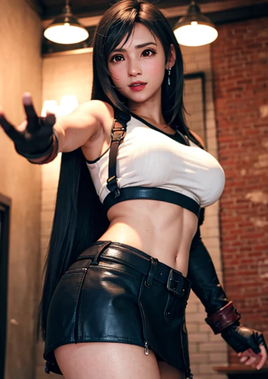 （realisticlying：1.4），quality，very fine and beautiful，A high resolution，1girll，tifa_lockhart，ssmile，cowboy lens，Harnes，Low Waist，mini-skirts，vests，Tension shirtrunette color hair，long whitr hair，gloves on the elbow，Beautiful detailed red eyeace light，cinmatic lighting，nabel，High exposure，Abdominal exposure，the ribs，Abs，（humongous large breast：1.2），dynamicposes，dynamic angle，