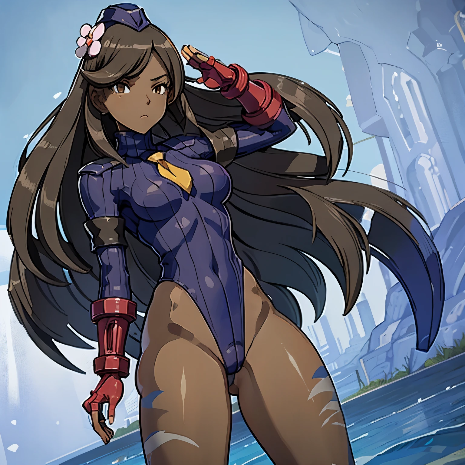 ultra-detailed, Explicit, Beautiful body, Beautiful Nose, Beautiful character design, perfect eyes, perfect face, ultra highres, 4K, beautiful legs, perfect legs, Nice hands, Perfect hand, Masterpiece, Best Quality, Highly detailed, illustration, absurdres, street fighter, doll suit, shadaloo doll, dollsuit, expressionless, blank eyes, looking at viewer, red gloves, emotionless, black latex, corrution, mind control, female combatant, full body, hypnotized, unhappy trance, full body suit, ribbed bodysuit, both arms at side, obey, perfect female body, extremely glossy latex, hypnosis, hypnoLora, empty eyes, Mind control device, poses, submissive_pose, Slave, hat, necktie, stand up straight, standing, standing at attention, hat, necktie, belt, latex, ribbed bodysuit, thighhighs, garter belt, Fighting Stance, extending the right arm from the shoulder into the air with a straightened hand, nazi saluting, military, military saluting, salute, thigh boots, Blossom (furisode girl, trainer from pokemon), dark skin, long hair, brown hair, brown eyes