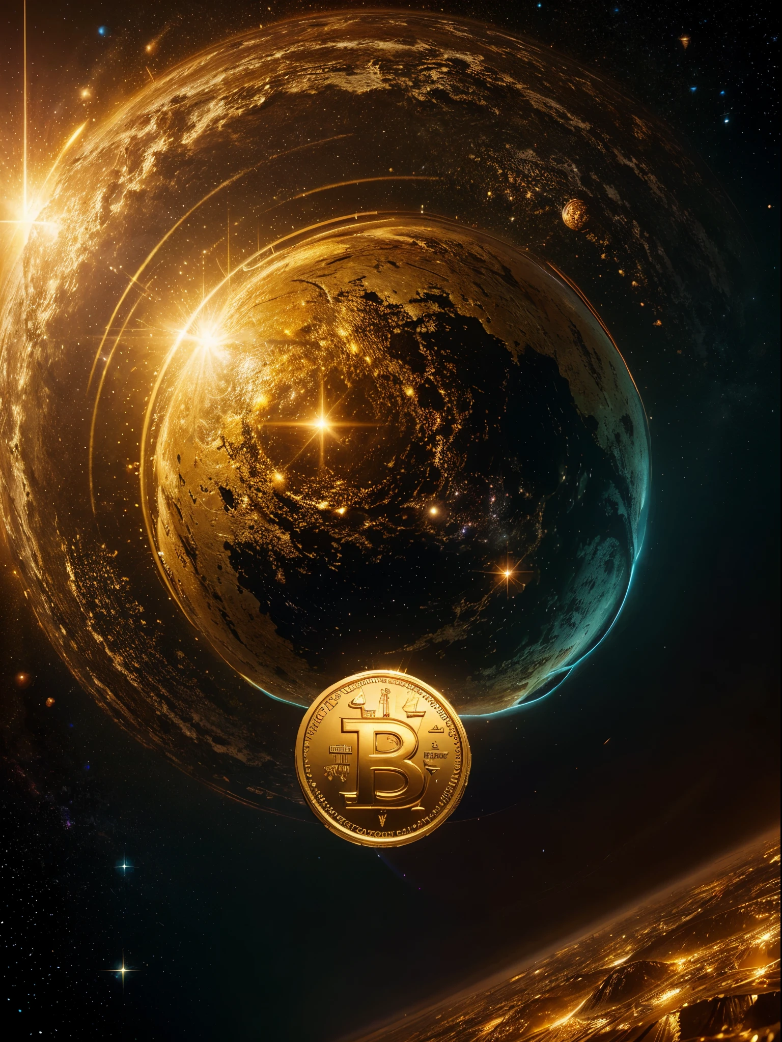 Create a surreal logo using artificial intelligence. Depict golden coins floating ethereally in the vastness of the galaxy. Strive for maximum quality, emphasizing advanced levels of detail to convey the sense of cosmic infinity and prosperity.