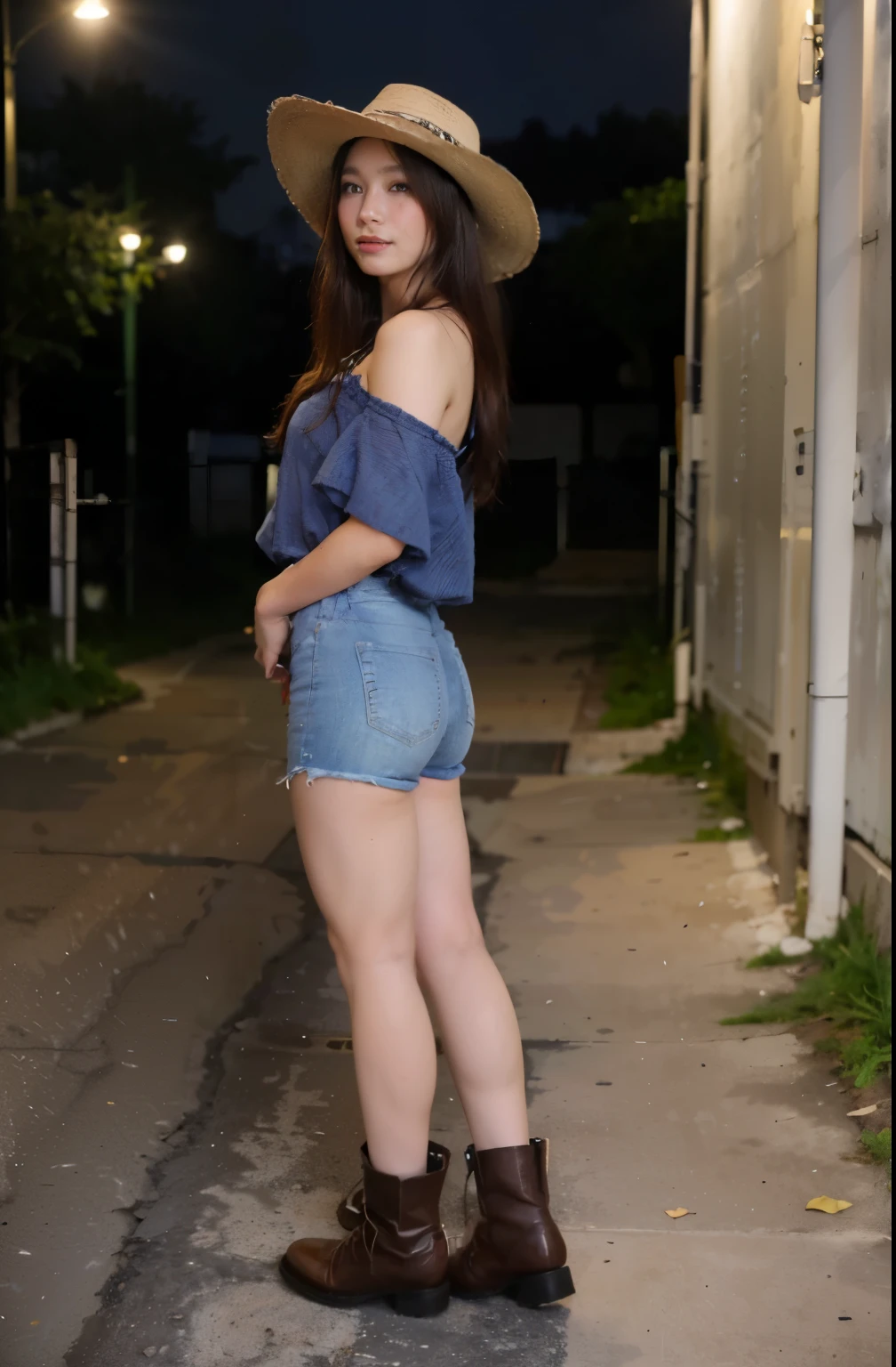 (8k, RAW photo, best quality, mastery:1.3), (realistic, photo-realistic:1.37), (looking viewer:1.331), (brunette hair), posing, Singapore street, nightcityscape, cyberpunk city, soft light, 1girl, full body,  extremely beautiful face , Perfect body proportions, (small face: 1.1), bust, casual hairstyle, smile, big eyes, (off-shoulder cowboy attire, cowboy hat, Mini shorts, cowboy boots), mix4, detailed eyes