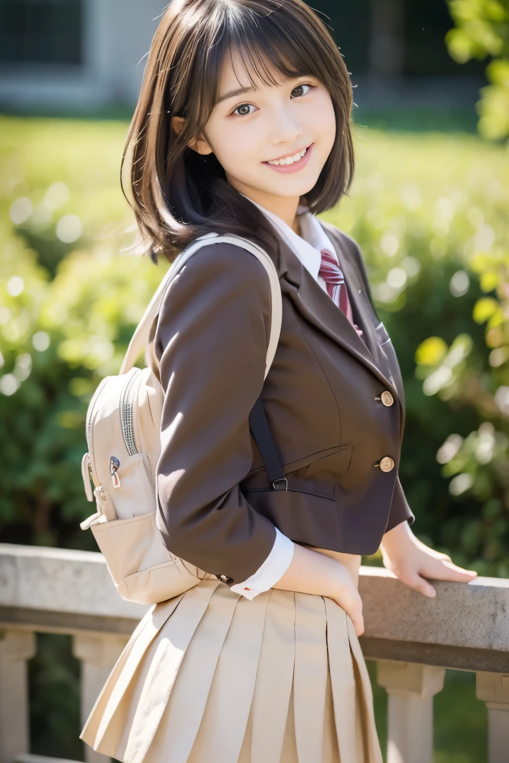 (((​masterpiece))),  (One beautiful Japan girl, classmates, Innocence，kawaii) ，超A high resolution, Realistic, ultra-detailliert, 8K,top-quality, Extremely detailed, Detailed background,A slender,very beautiful japanese girl, Detailed face:1.3), (Boyish short-haired，A dark-haired :1.4), (a baby face，kawaii系,adorable 14 year old girl), (Perfect body:1.1),  (Brown blazer, Light brown pleated mini skirt), Provocative smile,Please show me your beautiful teeth,Super Detailed Face、Detailed lips、A detailed eye、small gravure idol，Transparent skin、Lori，Japanese high school uniform with the school emblem on the chest，Carrying a backpack、Leaning forward，sexy  pose，Focus on the buttocks，facing back、In the classroom，A glimpse of white lace pants is visible.，Looking down from above