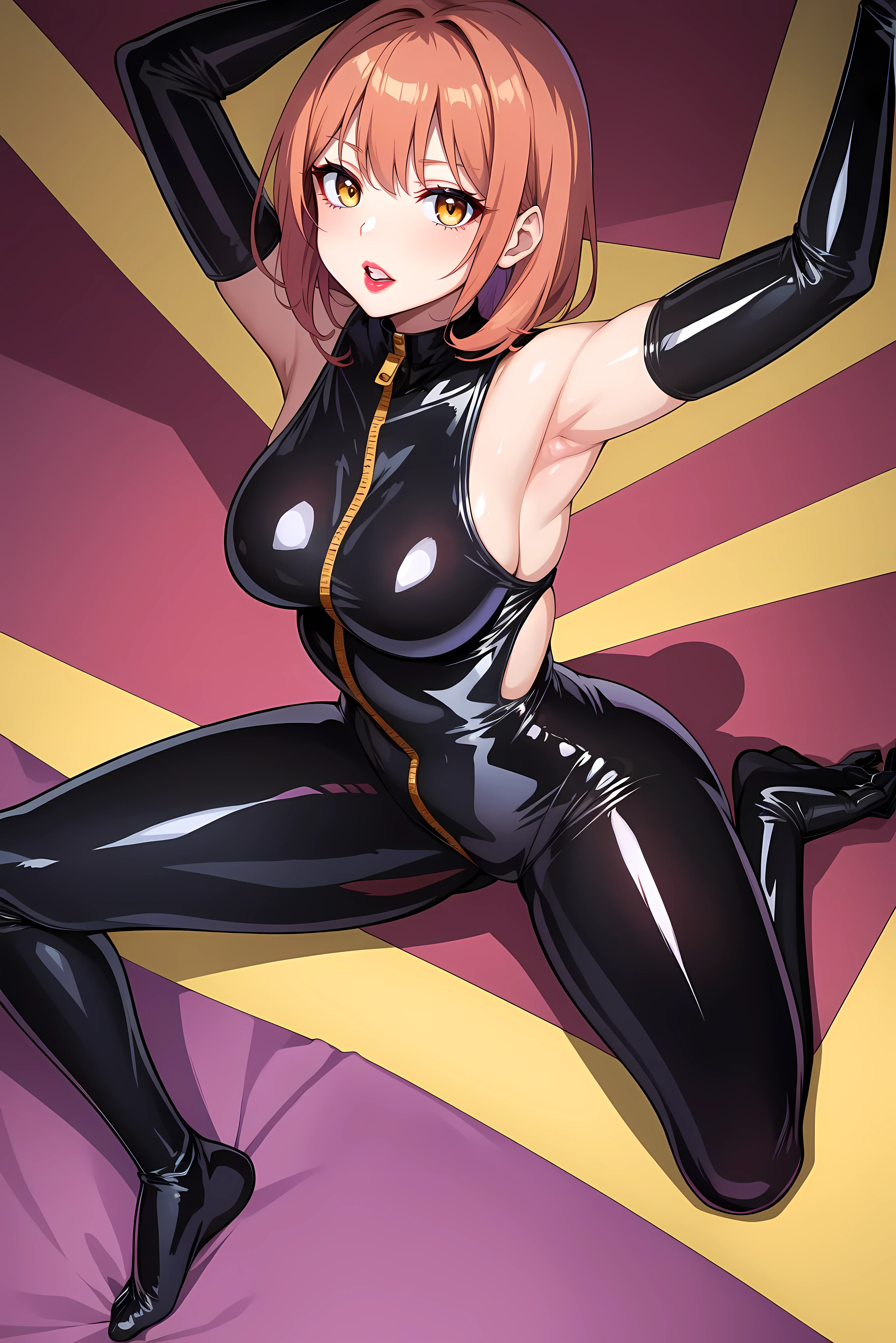 masterpiece art, anime, girl, solo, gorgeous body, gorgeous girl, beautiful character design, 8k, hd, perfectly painted, latex glossy bodysuit, zipped bodysuit, latex gloves, black latex, spreading legs, hands up, armpit, beautiful woman, mature woman