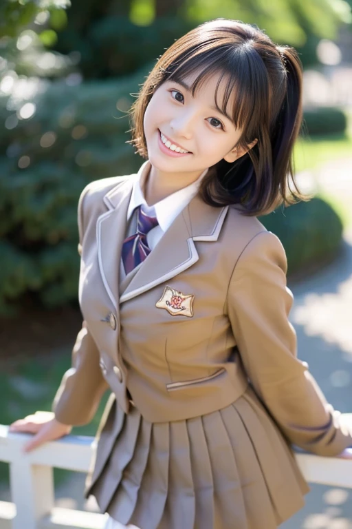 (((​masterpiece))),  (One beautiful Japan girl, classmates, Innocence，kawaii) ，超A high resolution, Realistic, ultra-detailliert, 8K,top-quality, Extremely detailed, Detailed background,A slender,very beautiful japanese girl, Detailed face:1.3), (Boyish short-haired，A dark-haired :1.4), (a ，kawaii系,adorable 14 year oPerfect body:1.1),  (Brown blazer, Light brown pleated mini skirt), Provocative smile,Please show me your beautiful teeth,Super Detailed Face、Detailed lips、A detailed eye、small gravure idol，Transparent skin、Lori，Japanese high school uniform with the school emblem on the chest，Carrying a backpack、Leaning forward，sexy  pose，Focus on the buttocks，facing back、In the classroom，A glimpse of white lace pants is visible.，Looking down from above