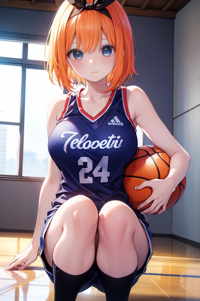 yotsubanakano, Yotsuba Nakano, Bangs, Short hair, Blue eyes, hair between eye, hair bow ribbon, shairband, Orange hair, 白bow ribbon,
Shirt, Bow, bow ribbon, wear basketball team tanktop , basketball shortpants, basketball, basketball court, Indoor, wear black sports tights, basketball, shoes,hit the ball towards the floor,basketballットコート,Gym BREAK (masutepiece:1.2), Best Quality, High resolution, Unity 8k壁纸, (Illustration:0.8), (Beautiful detailed eyes:1.6), extra detailed face, Perfect Lighting, extremely details CG, (Perfect hands, Perfect Anatomy),huge tit