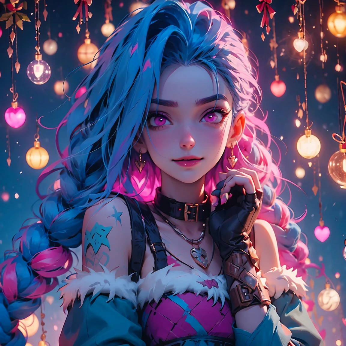 jinx, pastel color, pink eyes, blue hair, full body, christmas tree, gift, christmas, gift box