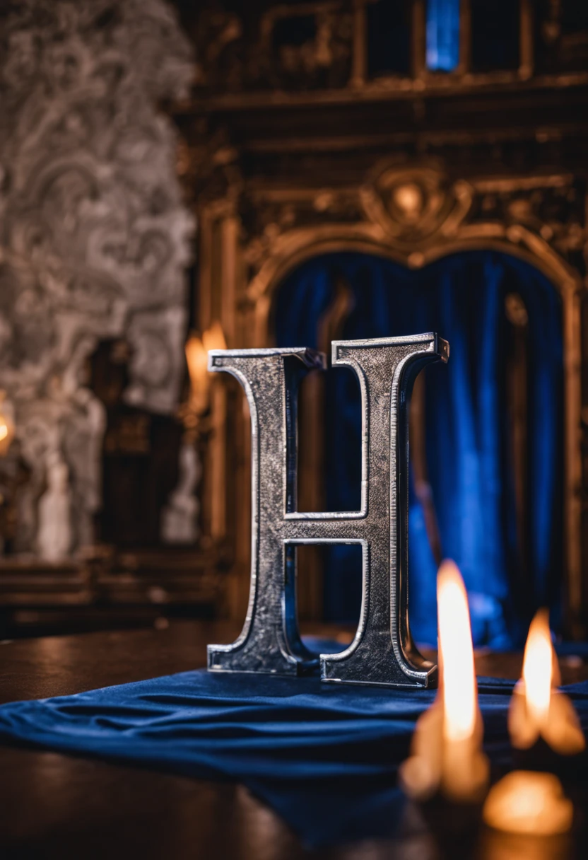 Epic silver H alphabetic letter garded in a blue velvet tissue, close perspective, fire light, in a castle room.