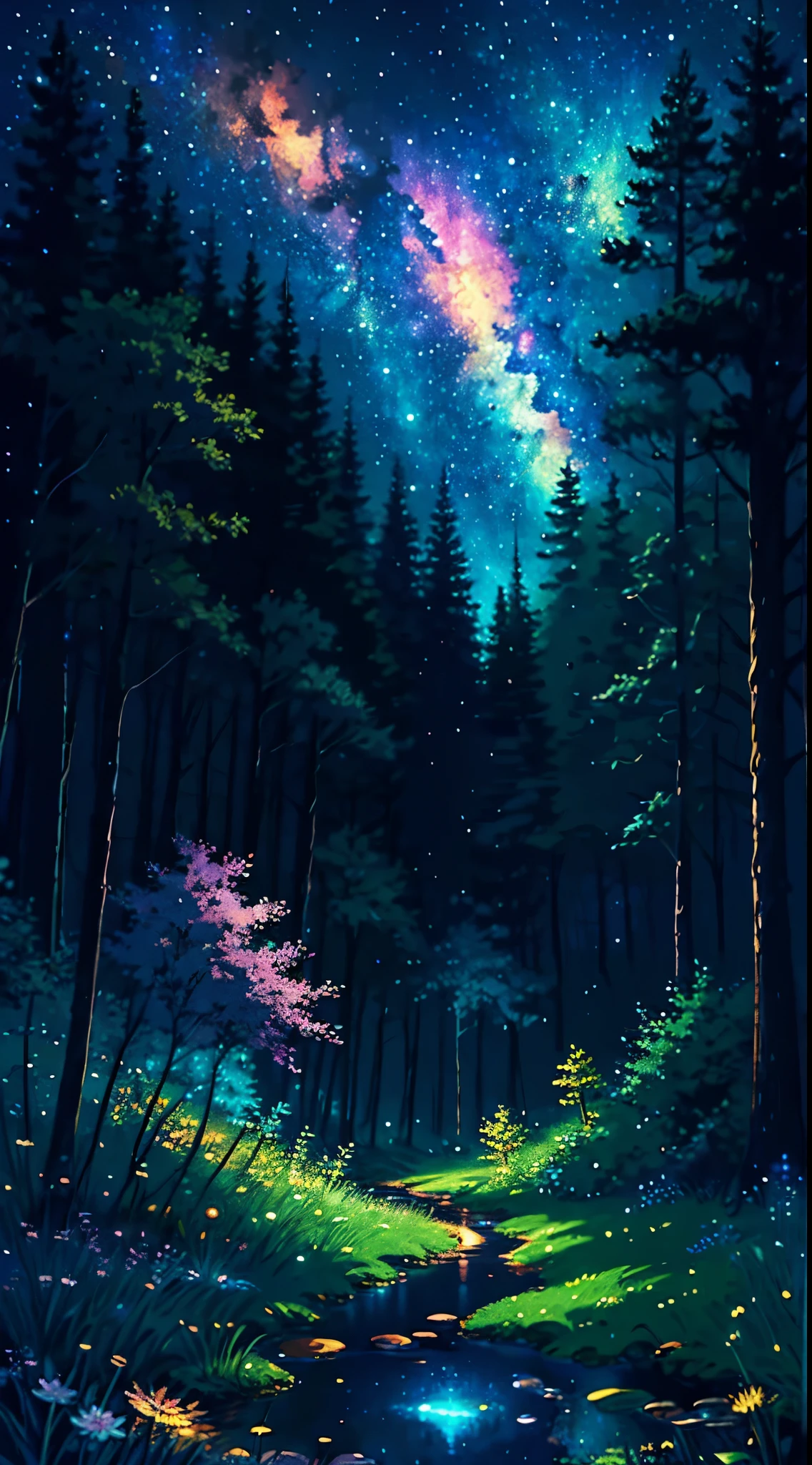 illustration, cartoon, soothing tones, calm colors, (anime), (illustration), cartoon, detailed, masterpiece, beautiful landscape, forest, pond, pathway,night, nebula, starry sky, 8k, best quality, dark shot, detailed