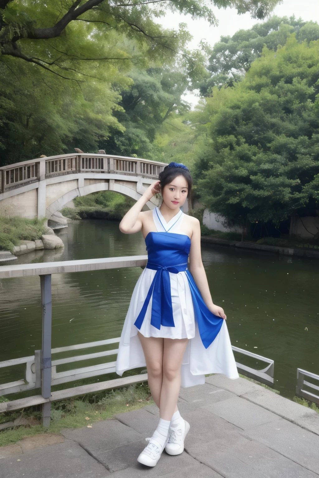 ((Best quality at best)), ((tmasterpiece)), (detailed), Perfect face A woman wearing blue and white Hanfu stands dancing on the bridge。specifically，She has long white hair，With a double ponytail，Wearing a blue bow，Wearing a blue tube top、Short skirt and white stockings，Wearing white shoes on feet，Throw your right hand upward，Place your left hand on your waist，Lift your right leg and straighten it，Bend your left leg and step on the stone bridge，The background is a small bridge and flowing water with houses，There are trees、houses and meadows，There is also a red lantern hanging on the tree。