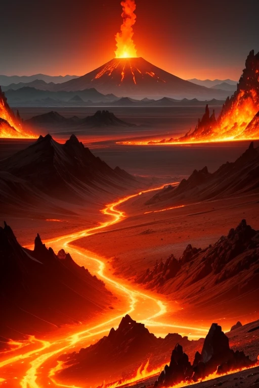 the hot and desolate landscape of the fiery pits of hell, with mountains spewing lava in the distance