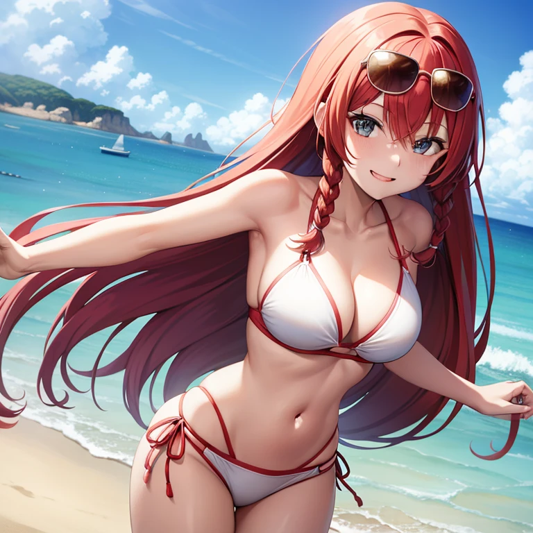 anime waifu, red hair with "two braids", white bikini, beach scenario, standing up, smiling, sunglasses