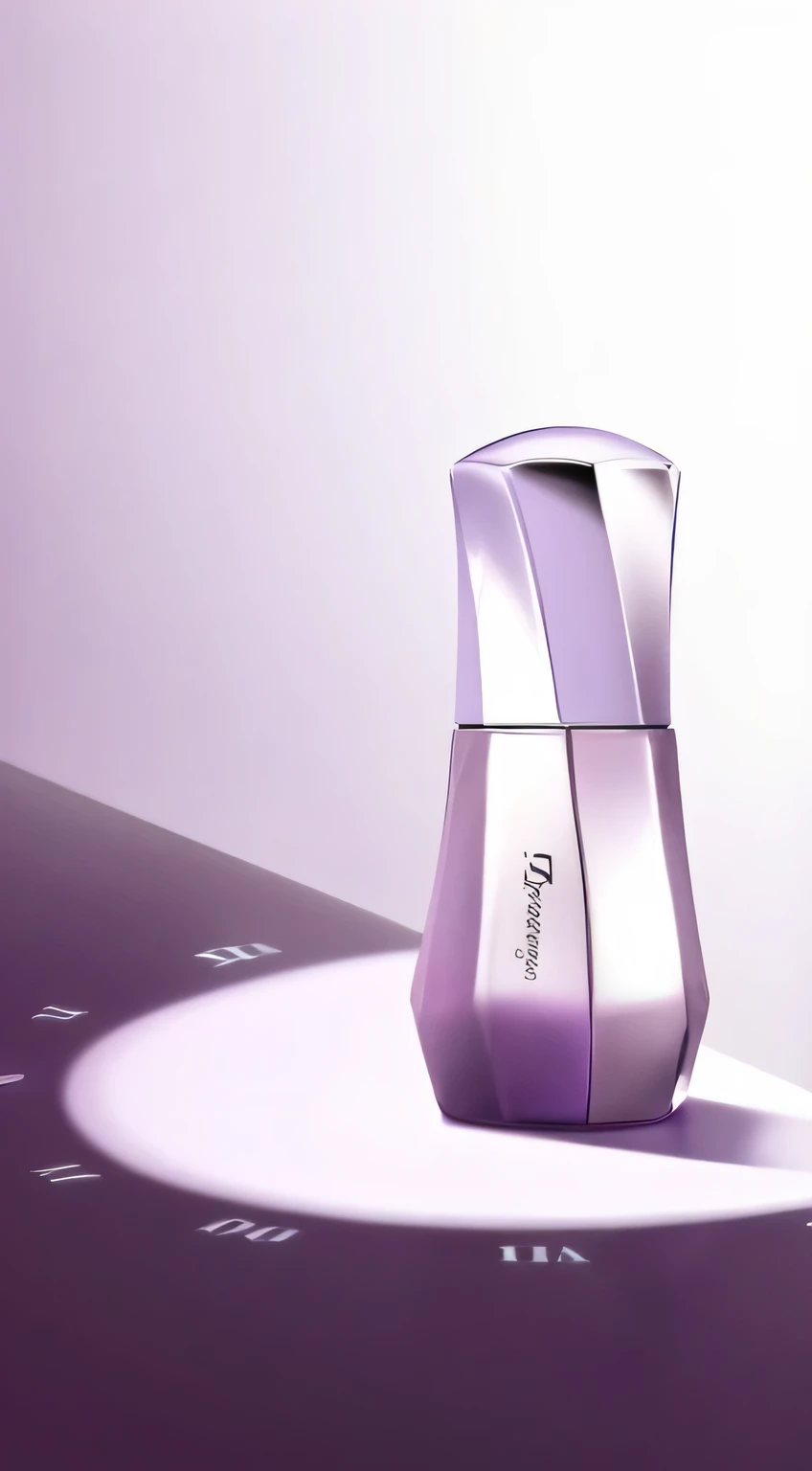 purple and white perfume bottle on a table with a white background, perfume, perfume bottle, Glossy digital painting, carrying a bottle of perfume, Glossy design, purple volumetric lighting, Denoised photorealistic rendering, Render in key shot, digital art of an elegant, smooth 3d cg render, conceptual drawing, Pack and shoot, shiny skin”, Rendering using povray