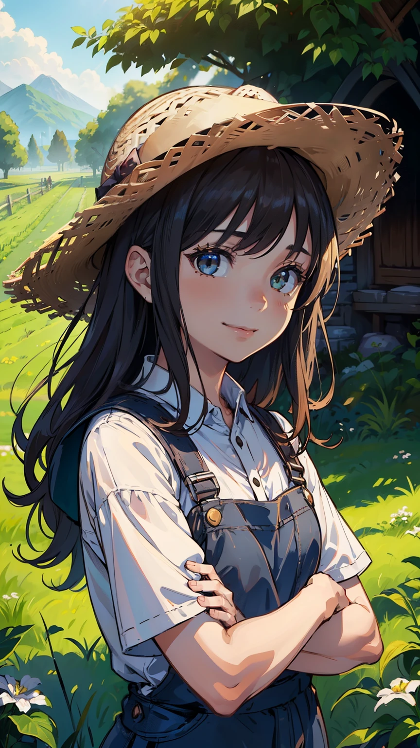 (((girl with)))), masutepiece, ultra-detailliert, 8K Portrait, Raw female portrait full body, Highly detailed face, ((Fantasy)), (((The Hobbitt))), ((年轻)), Smile, 25-years old, 120cm, (((farmer))), ((White skin)),  brown short wavy hair, (((Overall))), Overalls, (((a straw fedora hat))), (((have a store))), arms folded, Midday Sun, Hyper realistic, Slender body, By the foggy farm, Ambient lighting, Shadow details, Camera focus on face, strong breeze, Light fog