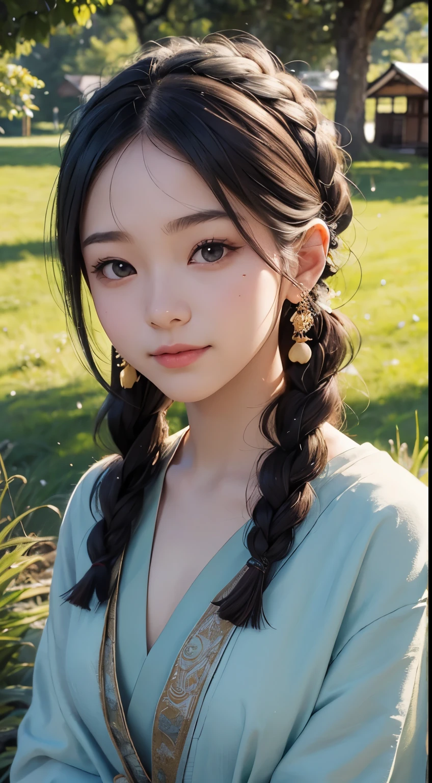 beautiful girl in a primitive costume made of hemp, front face, front view, photo, an extremely delicate and beautiful, extremely detailed, Amazing, extremely detailed skin, (18 years old:1.2), cute girl, famous Japanese idol, kawaii, fair skin, shiny skin, chin thin, smile, cute, young, extremely detailed nose, extremely detailed mouth, cute face, realistic face, beautiful views, japan, nature, grass field, mountain, outdoors