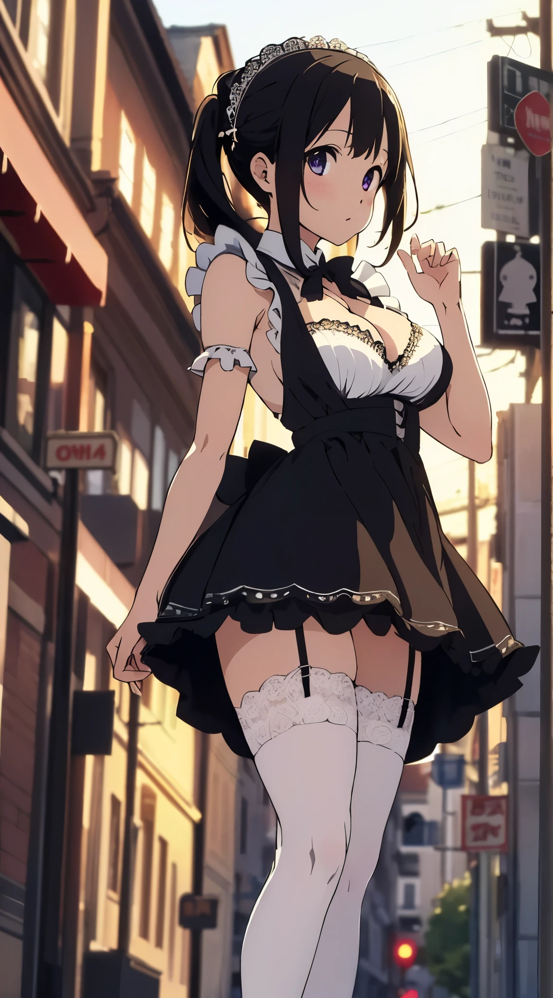 masterpiece, best quality, illustration, highly detailed, chitanda_eru, beautiful detailed eyes, city street, black maid dress, cleavage, white maid apron, thigh highs, high heels
